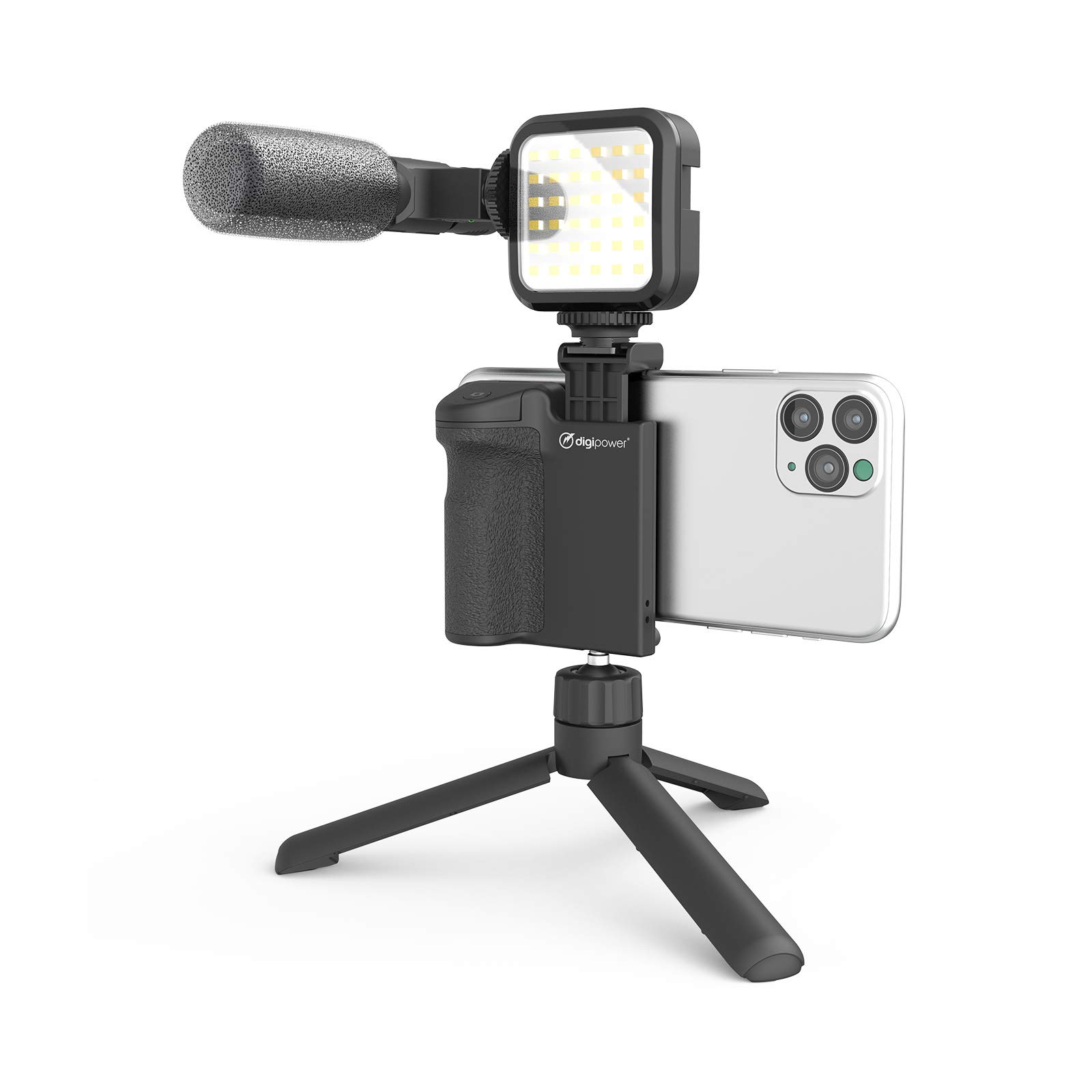 DigiPower Follow me Vlogging Set with LED Video Light + Microphone + Camera Grip with Mobile Phone Holder + Mini Tripod, Compatible with Smartphones, for TikTok, YouTube, Live Streaming and Meetings