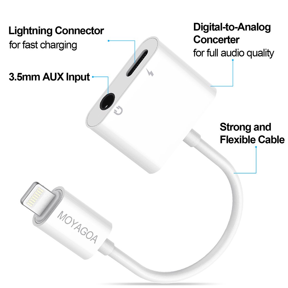 iPhone 8 Lightning Charger Headphone Jack 3.5mm iphone dongle Headphone Audio Adapter 2A Fast Charge Headphone Splitter - Compatible with IOS 11 (no call function or data transfer capability) MOYAGOA