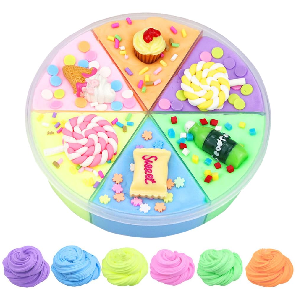 6 Colors Fluffy Cloud Butter Cake Slime, Super Soft & Non-Sticky Fluffy Cloud Slime Yellow, Green, Orange, Blue, Purple & Pink, DIY Toy Gifts for Kids（with cake accessories）