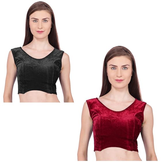 Velvet Women's Readymade Plain Sleeveless Saree Blouse (Pack of 2-Maroon&Black)