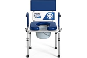HolyHeal Drop Arm Bedside Commode, Commode Toilet with Padded Seat and Backrest, 400lbs Capacity, 6.3QT Removable Bucket and Splash Guard, Adjustable Height Portable Toilet for Adults, Blue