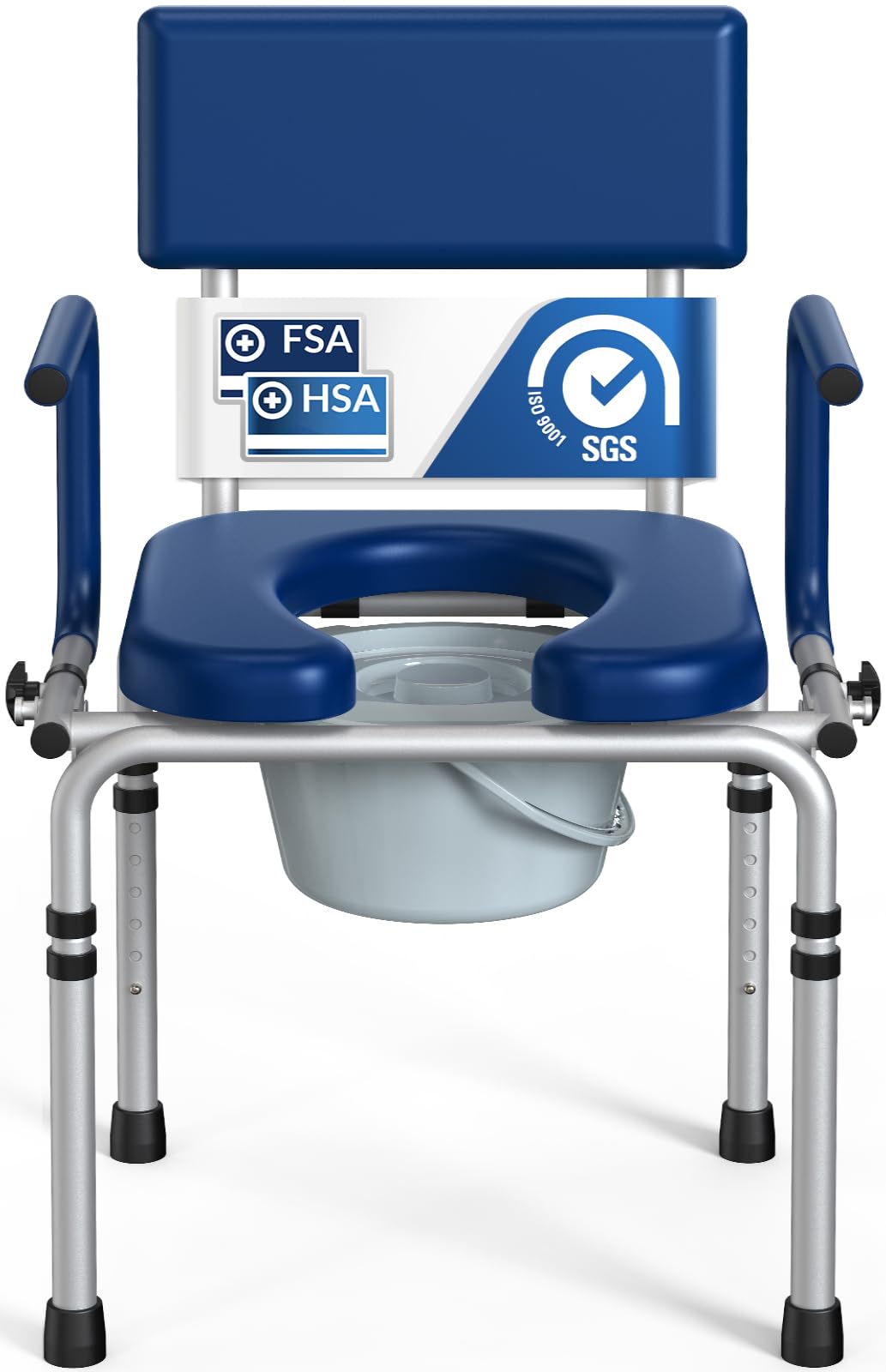 Photo 1 of HolyHeal Drop Arm Bedside Commode, Commode Toilet with Padded Seat and Backrest, 400lbs Capacity, 6.3QT Removable Bucket and Splash Guard, Adjustable Height Portable Toilet for Adults, Blue