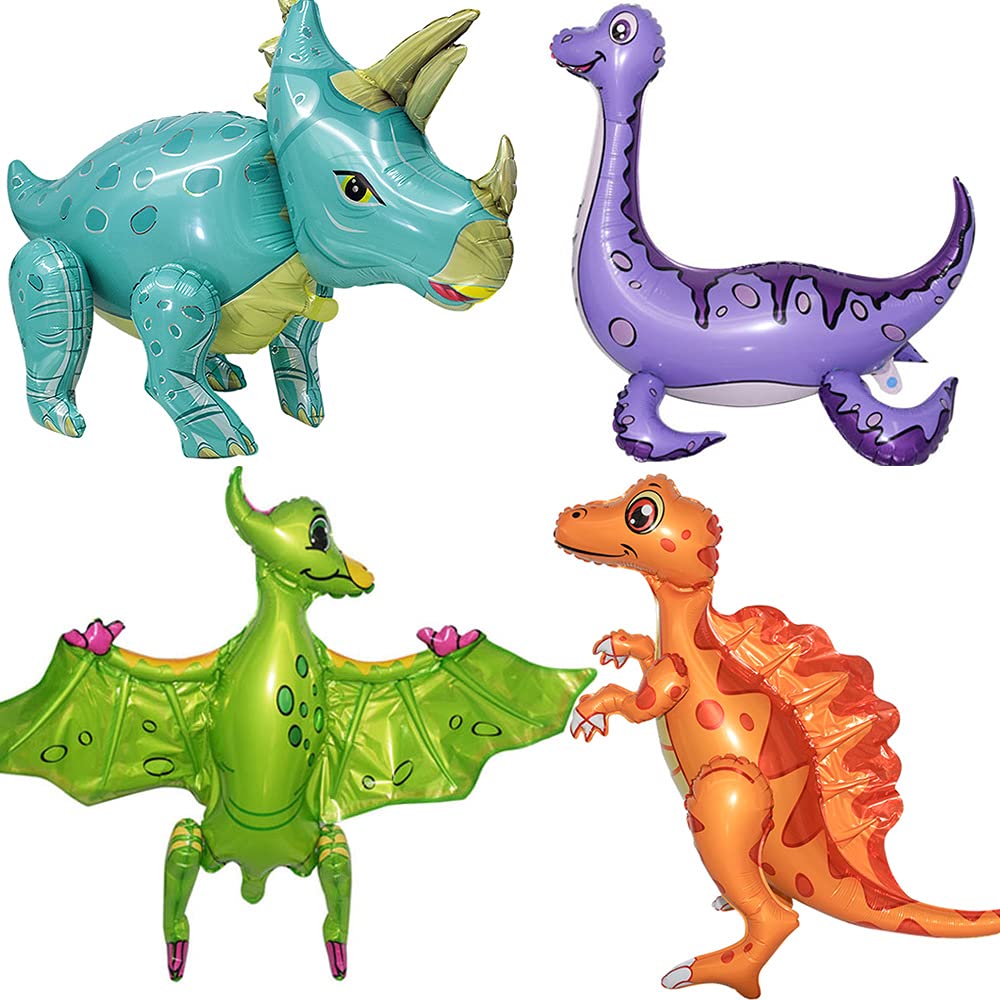 4Pack Dinosaur Party Balloons, Giant Self Standing Dinosaur Foil Balloons, 3D Dinosaur Aluminum Jungle Balloons for Dinosaur Birthday, Baby Shower, Jungle Theme Party Supplies Decorations