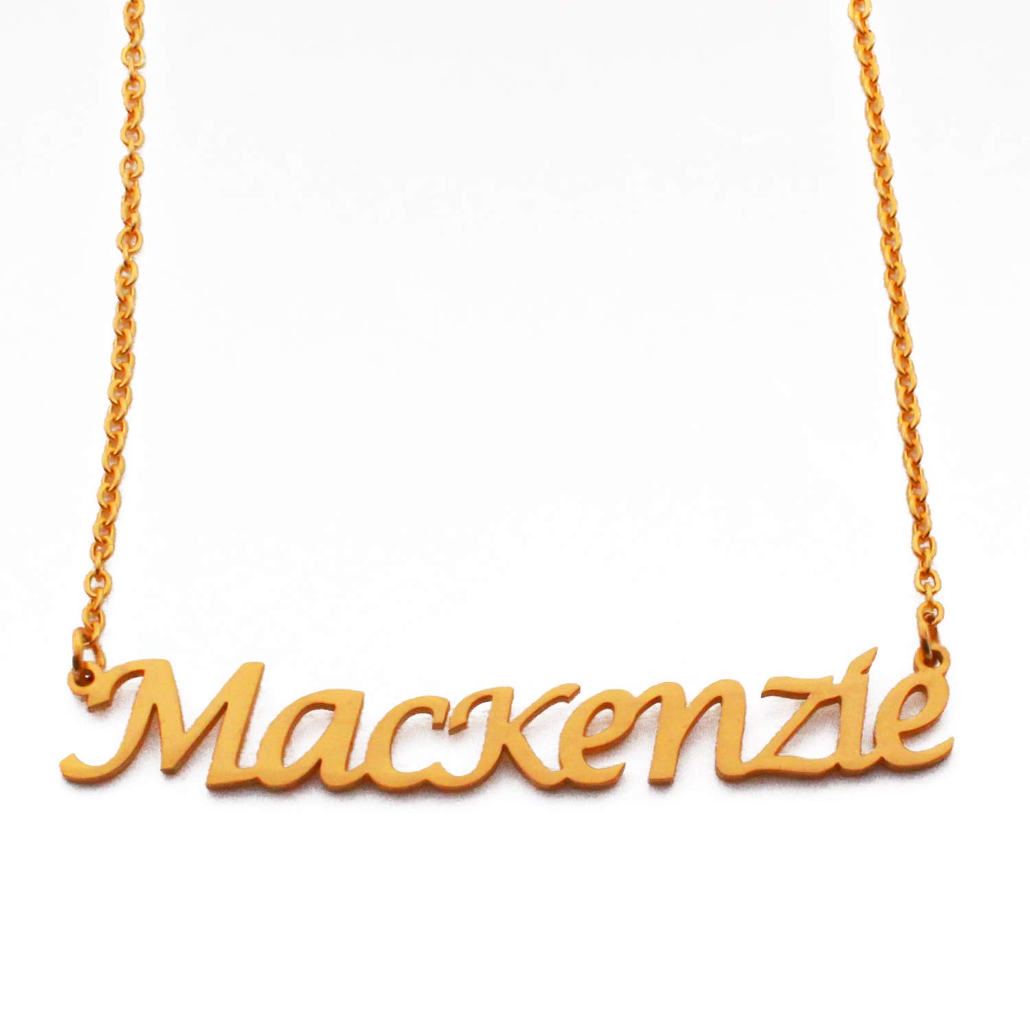 Kigu Mackenzie Name Necklace Personalised 18ct Gold Plated, Custom Dainty Name Pendants, Jewellery for Ladies, Girlfriend, Mother, Sister, Friends Inc Bag & Box