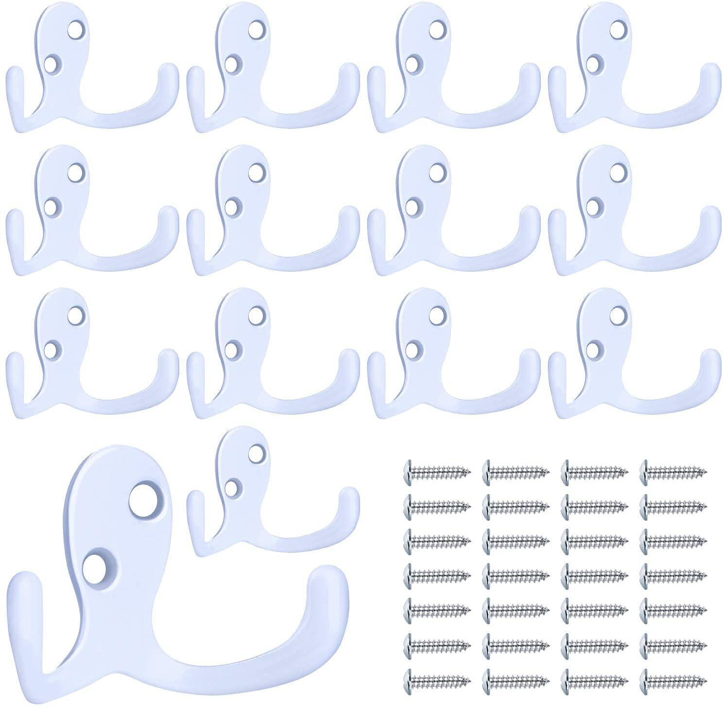 BIGLUFU Coat Hooks Double Prong Robe Hooks 20Pcs Metal Coat Hanger Hooks for Hanging Coat,Scarf,Bag,Towel,Key,Cap,Cup,Hat(White)