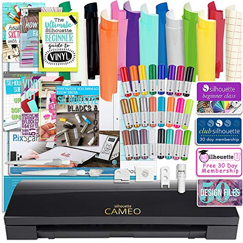 Silhouette Black Cameo 3 Bluetooth Bundle with 12x12 Sheets of Oracal 651 Vinyl, 24 Sketch Pens, Pixscan Mat, Guide Books