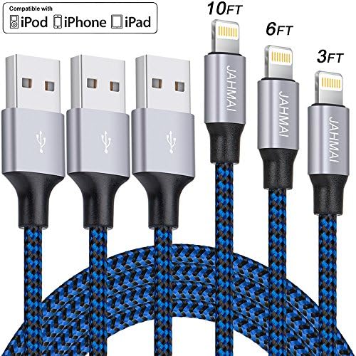 iPhone Charger, JAHMAI 3Pack 3ft 6ft 10ft Extra Long Nylon Braided Lightning to USB Cable Syncing and Fast Charging Cable Cord Compatible with iPhone X/8/7/6s/6/Plus/SE/5s/5c/5,iPod,iPad More