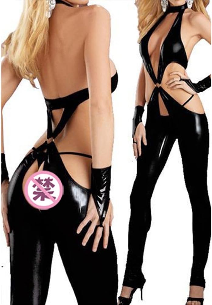 MZQ Sexy Women Wet Look Lingerie Patent Leather Bandage Catsuit Open Back Bodysuit Jumpsuits Club Clothing