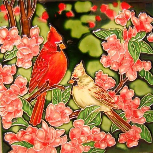 Continental Art Center BD 2245 Cardinals with Pink Flowers Art Tile, 8 by 8-Inch