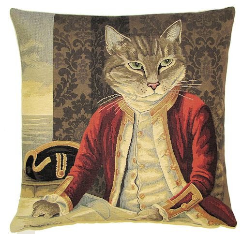 Authentic Jacquard Woven European Tapestry Decorative Throw Pillow Covers / Pillow Cases / Cushion Covers Standard Size 18X18 inches Retro Vintage Cat Captain Cook by Susan Herbert