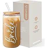 SANDJEST Bride Glass Coffee Cup 16 Oz with Bamboo Lid and Straw - Bridal Shower Gift - Engagement Gifts for Women - Bride Gifts
