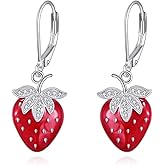 URONE Strawberry/Watermelon/Apple/Avocado/Pineapple/Cherry Earrings 925 Sterling Silver Strawberry Dangle Earrings Fruit Jewelry Gifts for Women