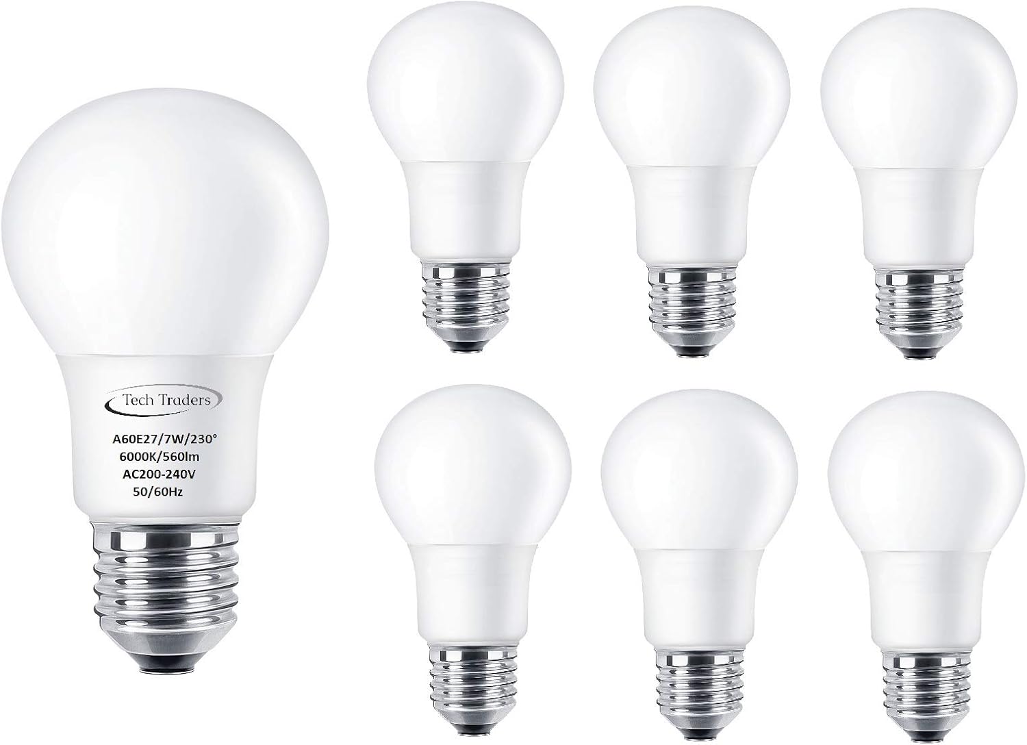 Tech Traders ® LED E27 Screw Light Bulbs 70W Equivalent, A60,Cool White (6000K), 7W LED ES GLS Bulb, Ultra Bright 560Lm