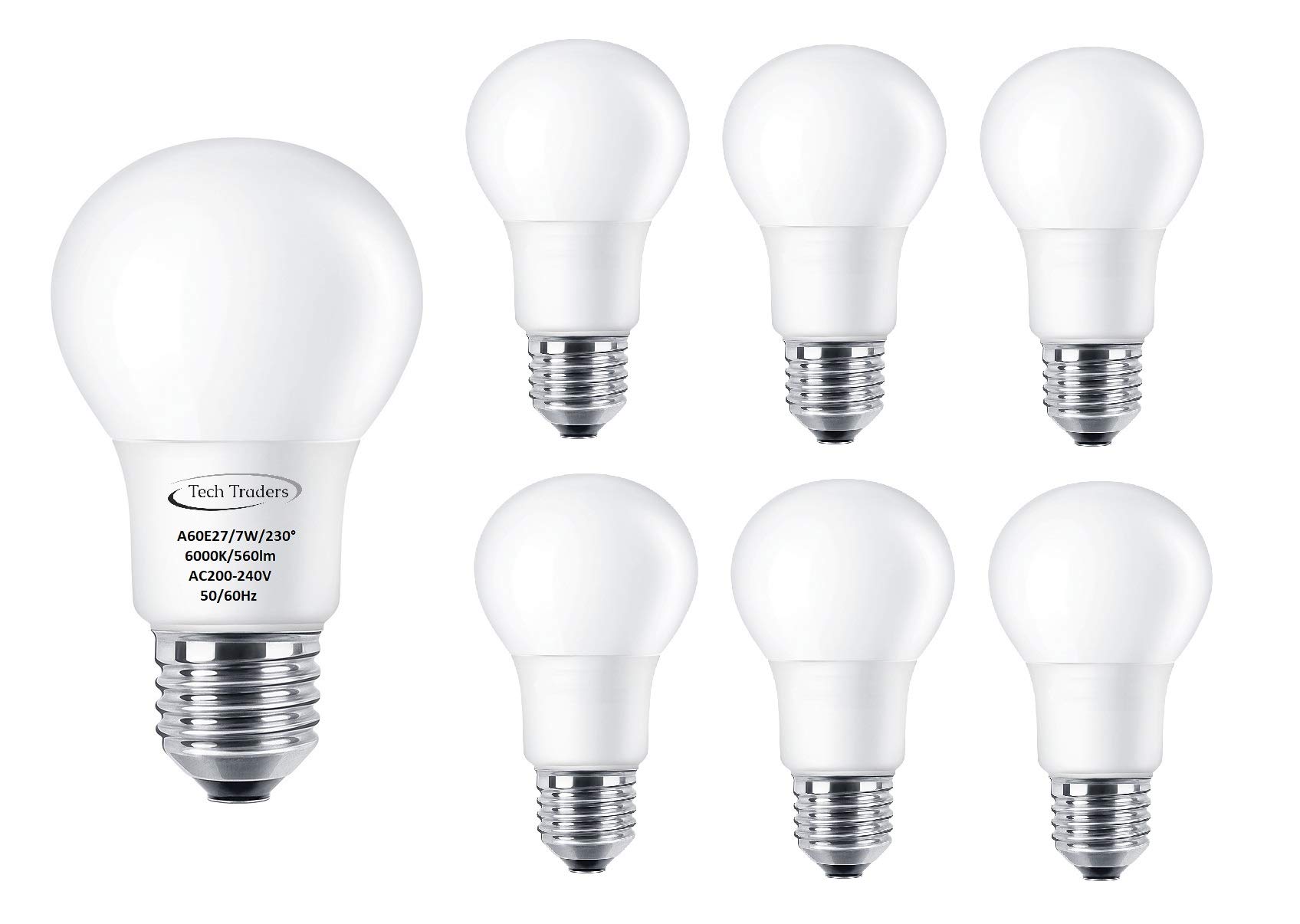 Tech Traders ® LED E27 Screw Light Bulbs 70W Equivalent, A60,Cool White (6000K), 7W LED ES GLS Bulb, Ultra Bright 560Lm, LED Light Bulb, Energy Saving Light Bulbs