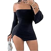SHENHE Women's Off Shoulder Side Slit Long Sleeve Bodycon Sexy Mini Dress Club Night Dress