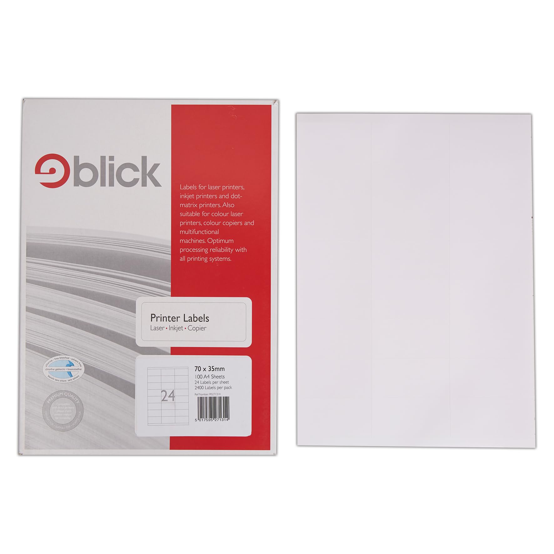 Blick Labels, White, 24 Up, Rectangular, 70mm x 35mm, 2400 Labels, for Home, Office, Family, School