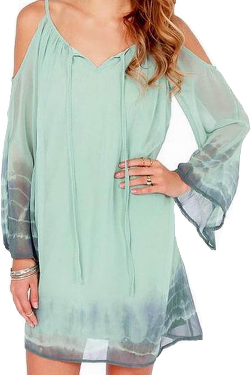 DDOL Women's Chiffon Off Shoulder V-Neck Shift Mini Dress