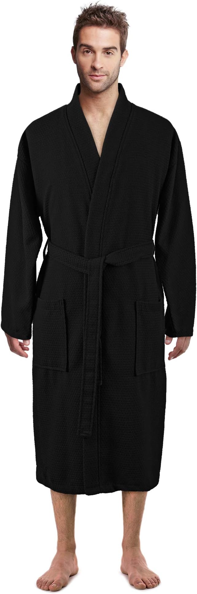 100% Luxurious Turkish Cotton Waffle Diamond Pattern Kimono Spa Bathrobe for Men