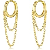 DAILY VIBES Small Gold Huggie Hoop Earrings for Women 14K Real Gold Plated Dainty Sterling Silver Post Split Mini Hoops Double Chain Drop Dangle Earrings for Women