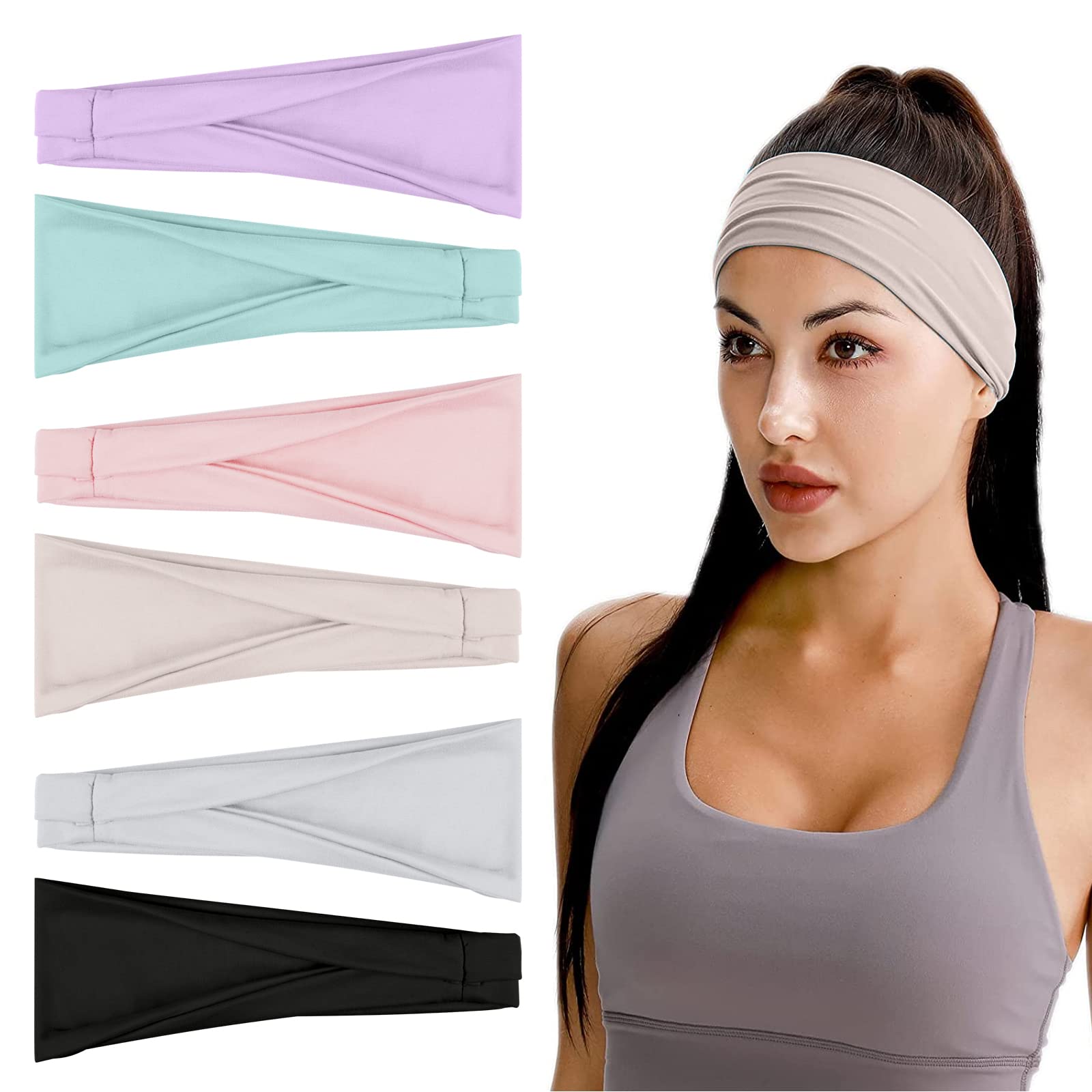 Flintronic Sports Headband, 6 Pack Women's Sweat bands Bandana Scaf, Non Slip Head Sweat Bands for Sports, Yoga, Running - UV Resistance, Unisex