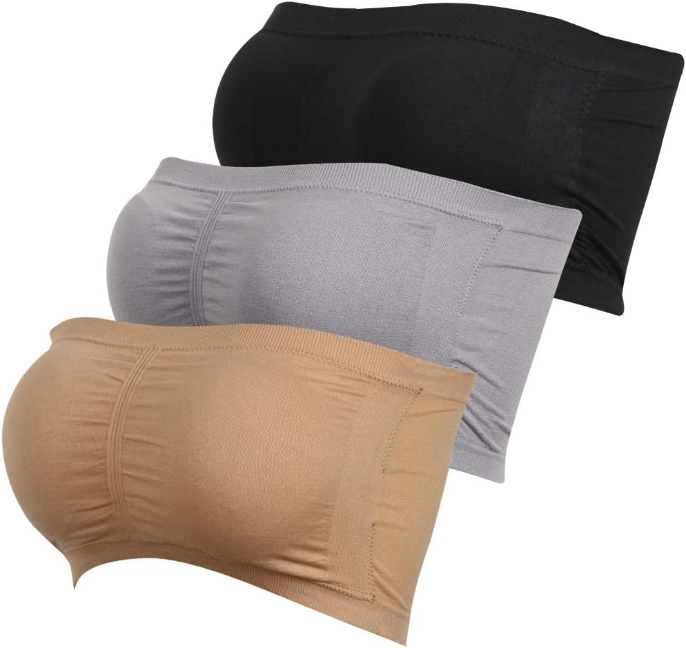 CLANDY Women's Bandeau Bra, No Underwire Push up Basic Bra Comfy Stretch Tube Top Bra for Daily Sleeping Wedding Sports Black Beige Gray 3 Pack M
