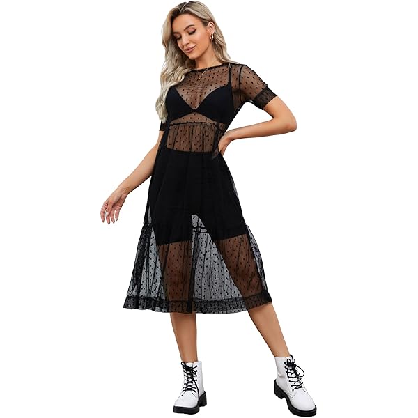 Yiiciovy Women's Sheer Mesh Midi Dress Solid Color Crew Neck