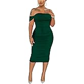 Women's Sexy Off Shoulder Sleeveless Bodycon Ruched Midi Elegant Cocktail Evening Party Night Tube Dresses