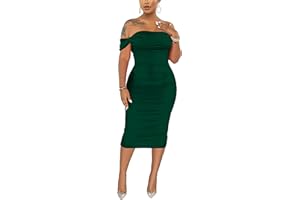 FOOULLAIDE Women's Sexy Off Shoulder Sleeveless Bodycon Ruched Midi Elegant Cocktail Evening Party Night Tube Dresses