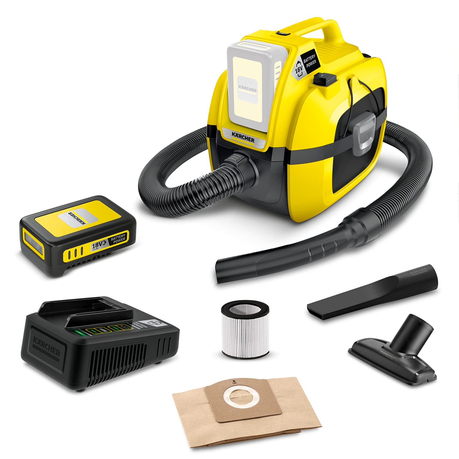Karcher 18 V Akku-Nass-/Trockensauger WD 1 Compact Battery Set, Patronenfilter, Saugschlauch:1,20 m, Behältergröße:7 l, Leistung:230 W, verwendbar 18-V-Akku, mit Akku