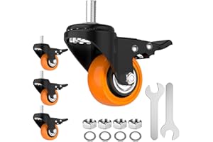 JIN FU TOU Caster Wheels Heavy Duty 2 Inch Stem Caster 1/2"-13 x 1(Stem Diameter 1/2", Stem Length 1"), Safety Locking Caster Set of 4, Industrial Castor Wheels for Cart,Furniture