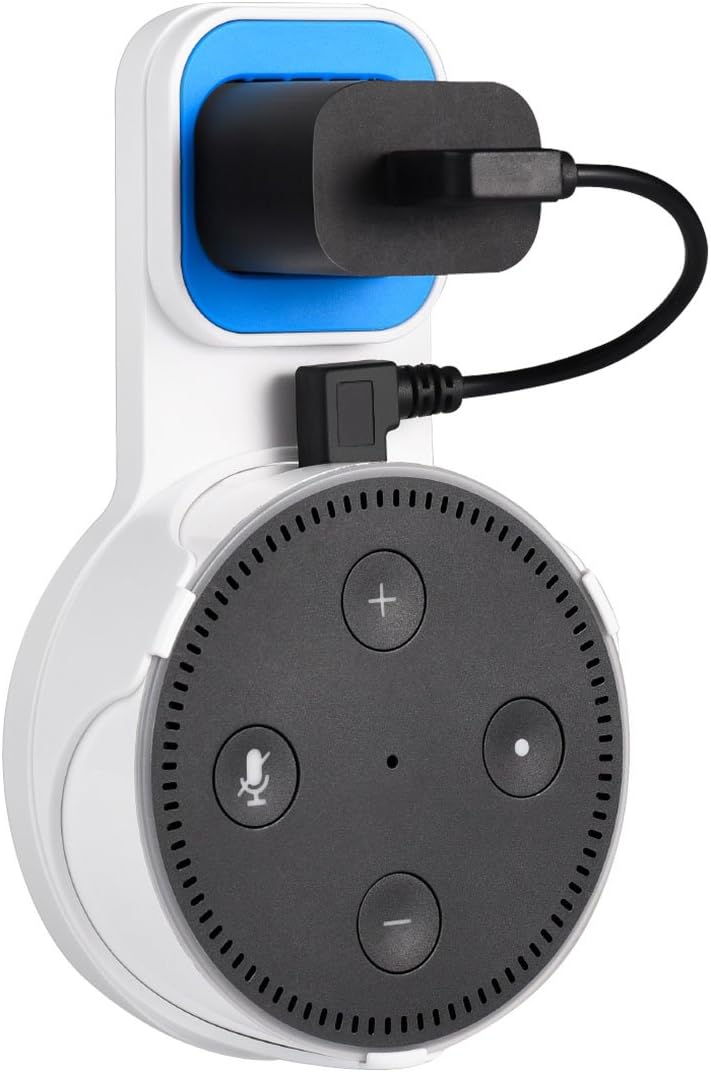 Aikerui Outlet Wall Mount hanger Holder for Dot 2nd Generation, Round Voice Assistants Dot Accessories with Short Charging Cable Compact Dot Holder plug-in Stand for Kitchen Bedroom Bathroom Classroom