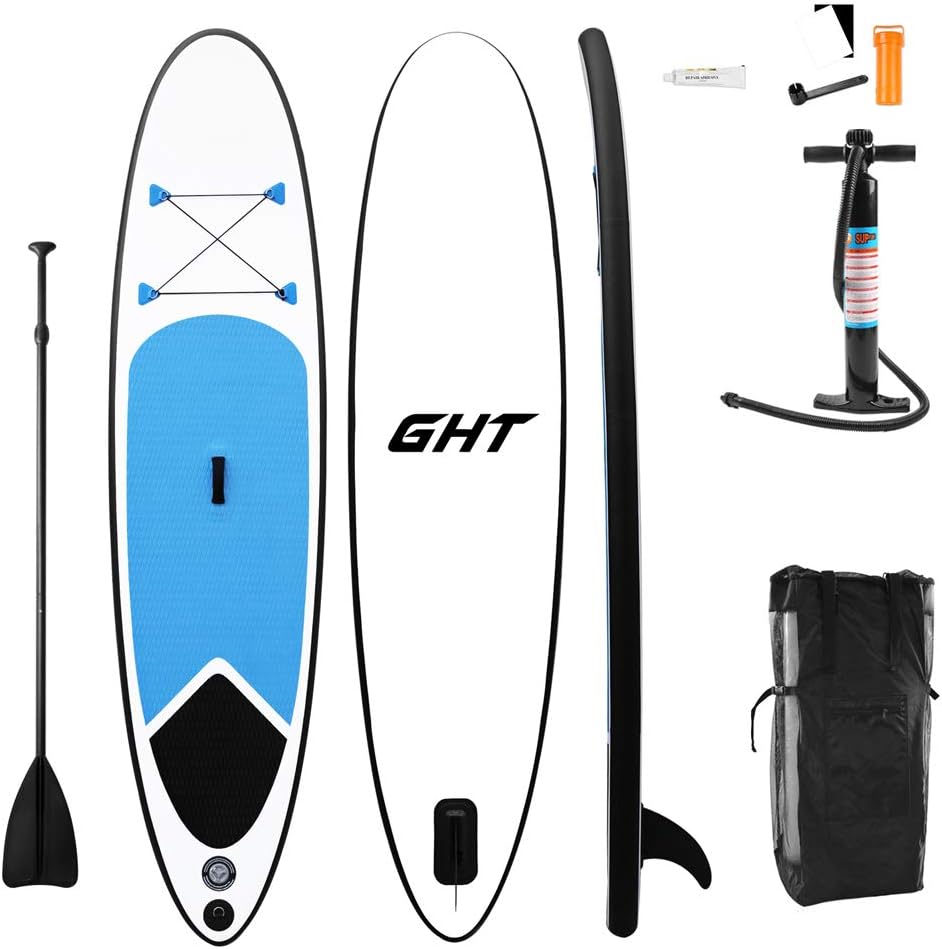 GHT 10' Inflatable Stand Up Paddle Board/Bottom Fin for Paddling and Surf Control | Non-Slip Deck | Youth and Adult/with Pump, Paddle, Fin