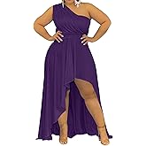 Ekaliy Women's Plus Size One Shoulder Dress Elegant High Low Irregular Hem Flowy Party Cocktail Maxi Dress