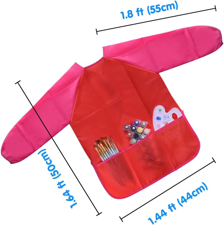Kuuqa Childrens Kids Toddler Red Waterproof Play Apron Smock with 3 Roomy Pockets, Painting, Baking, Cooking, Smock - Image 3