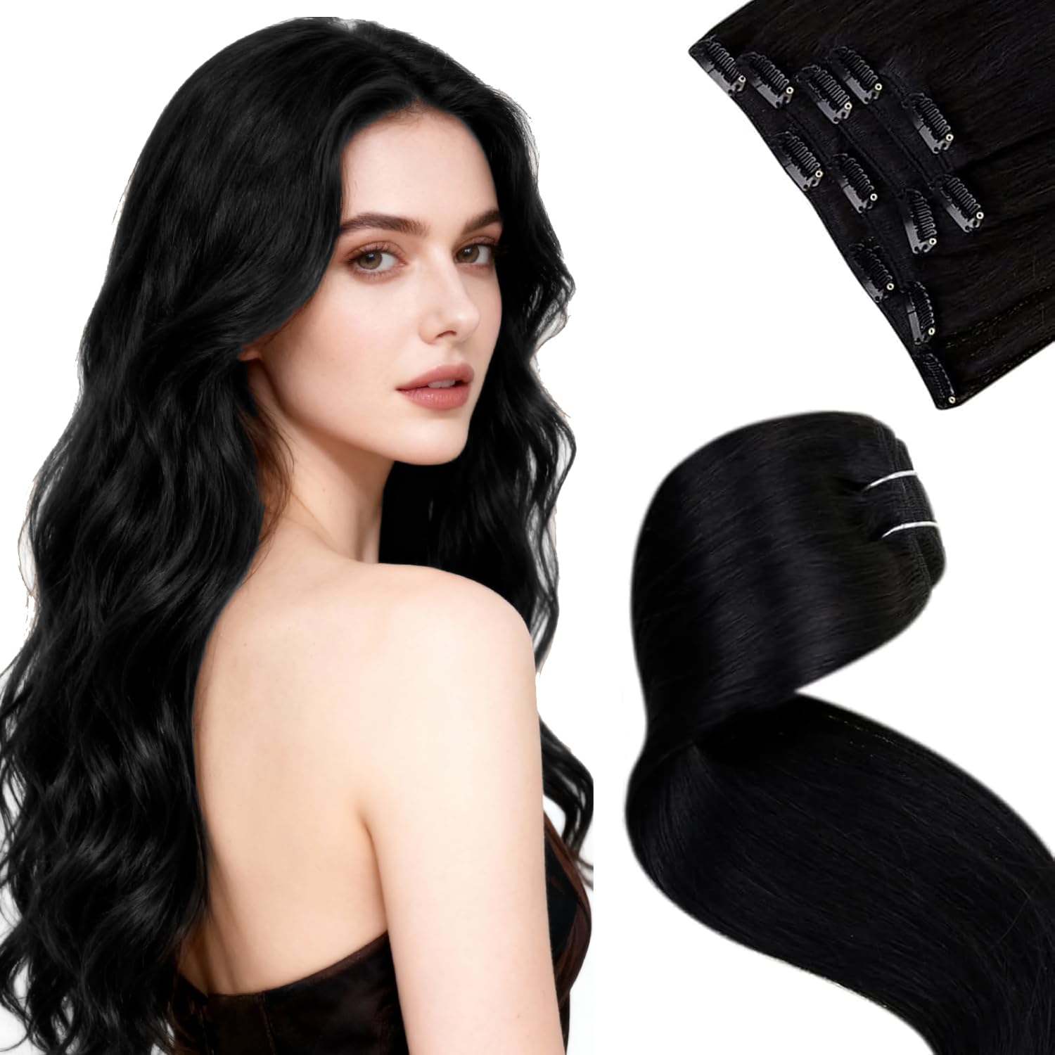 LaaVoo Black Hair Extensions Clip in 20 Inch Clip in Hair Extensions Real Human Hair Natural Black Straight Remy Hair Full Head Double Weft 80g 5pcs #1