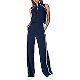 SENSERISE Womens Summer Jumpsuits Dressy Casual Sleeveless Mock Neck Top Wide Leg Pants Romper with Pockets
