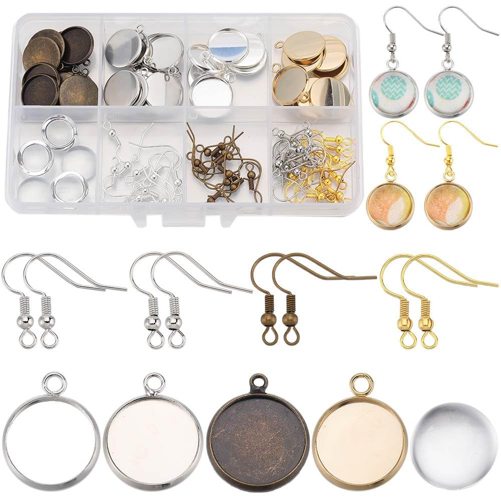 SUNNYCLUE 1 Box 120Pcs Cabochon Earring Making Kit 14mm Cabochon Settings Trays Glass Cabochon Earring Settings Stainless Steel Earring Bezels for jewellery Making Kits DIY Dangle Earrings Supplies
