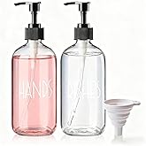 YTDTKJ Elegant 2-Pack Glass Soap Dispenser with Funnel, 16oz Clear Liquid Bottle for Kitchen and Bathroom, Refillable Pump Bottles for Dish Soap, Hand Soap, Lotion (Labeled Hands & Dishes)