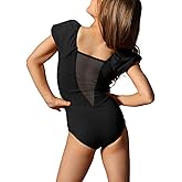 Batermoon Girls Dance Ballet Leotards Gymnastics Short Puff Sleeve Mesh V Back Outfits 5-14 Years