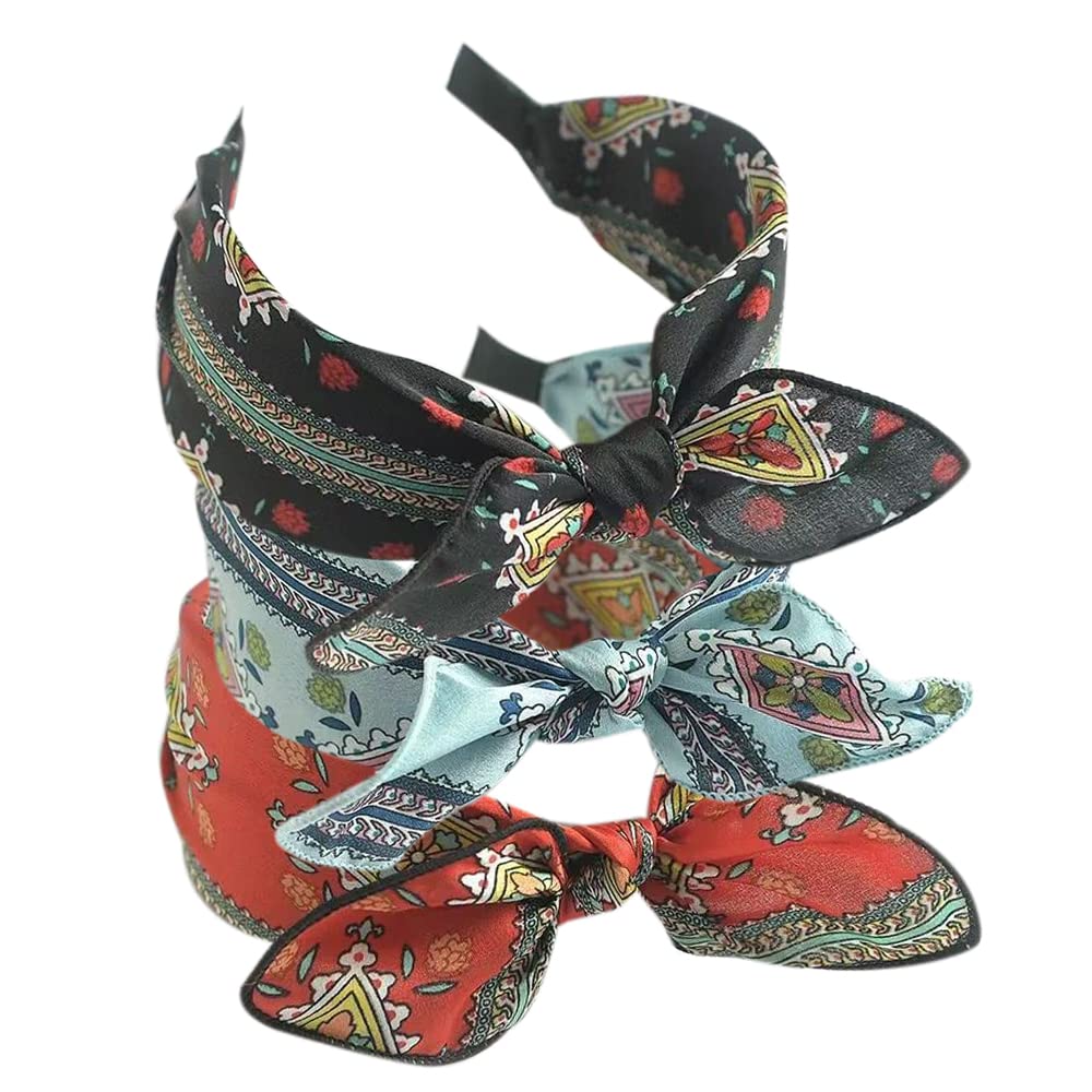 3Pcs Boho Wide Headband Rabbit Ears Hair Bands Fabric Non-Slip Headwear Elastic Twist Hair Hoop 1920s Accessories for Women Girls (PolkaEars)