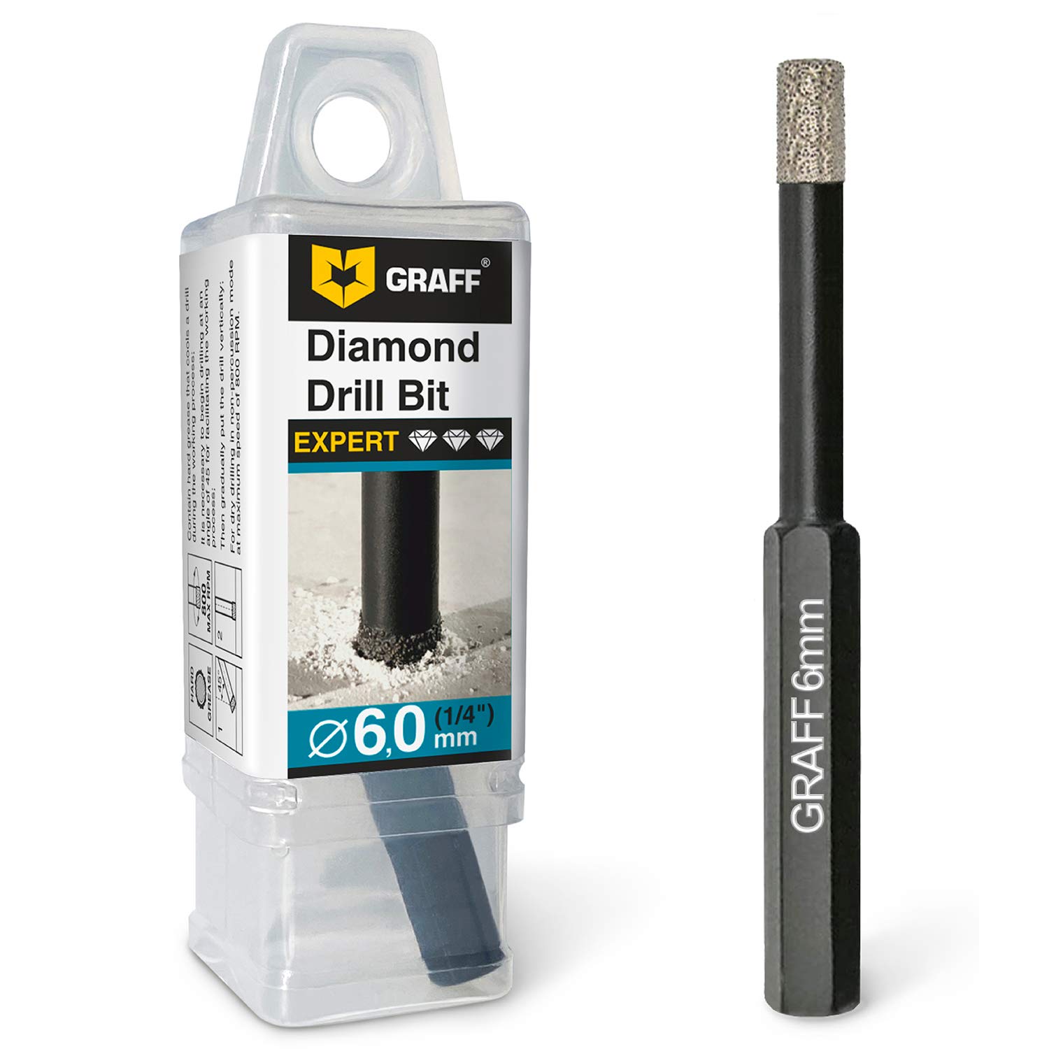 GRAFF Tile Drill Bit 6 mm Diamond Drill Bit for Tile, Porcelain Stoneware, Granite, Ceramic, Stone Drill Bit with Hex Shank