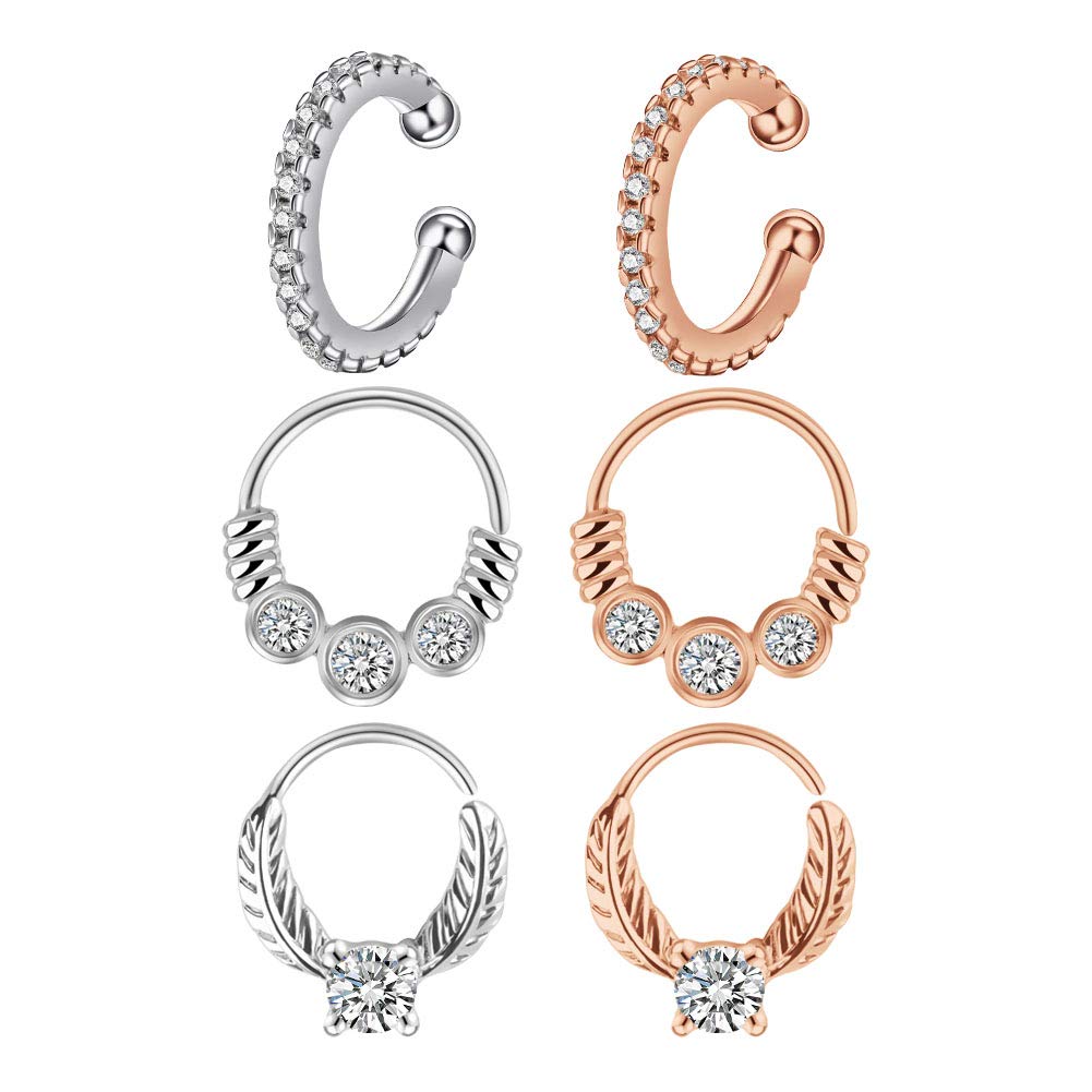 Fake Nose Rings Hoop Stainless Steel Diamond CZ Clip On Nose Rings Helix Cartilage Earrings Piercing Jewellery for Women Men 6PCS