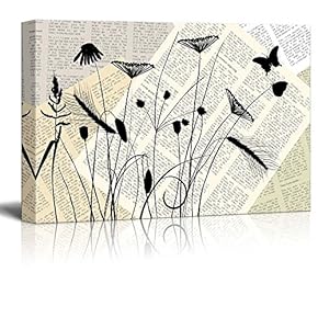Canvas Wll Art - Poppy and Wheat with Butterflies on Vintage Newspaper Background - Giclee Print and Stretched Ready to Hang - 12"x18"