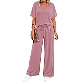 BTFBM 2 Piece Sets for Women Summer V Neck Short Sleeve Lounge Set Wide Leg Pants Matching Set Airport Travel Outfits