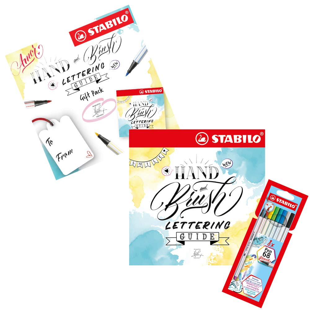 STABILO Brush Pens with Hand Lettering Guide Pen 68 brush Wallet of 8 Assorted Colours + How to Hand Letter Guide