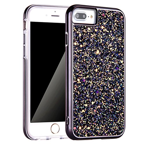 iPhone 7 Plus Case, iPhone 8 Plus Case, Screen Protector, Bling Glitter Dual Layer Shockproof Hard PC Back Soft TPU Inner Protective Cover with Lanyard Strap for Apple iPhone 7/8 Plus 5.5 Inch (Black)