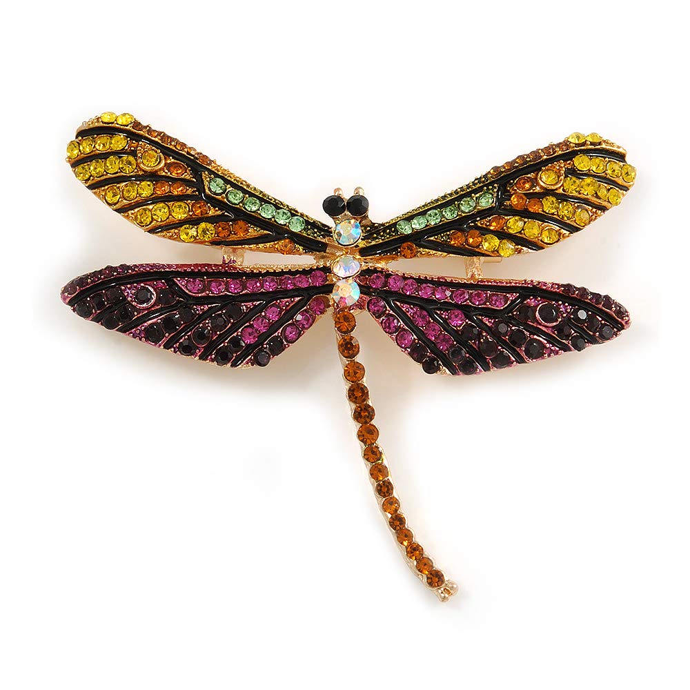Statement Yellow/Green/Fuchsia/Black Crystal Dragonfly Brooch In Gold Tone - 60mm Across