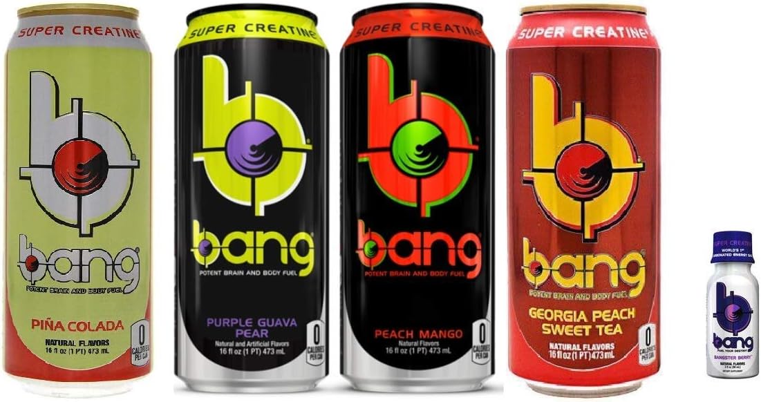 VPX Bang Variety - Pina Colada, Purple Guava Pear, Peach Mango,Georgia Peach Sweet Tea - 16fl.oz. (Pack of 8) and Bangster Berry Shot