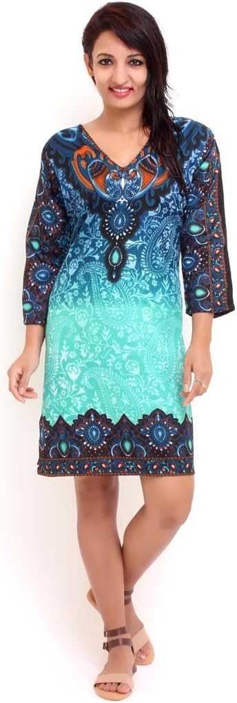 Looking Glam Ladies New Casual Tribal Print Evening Ethnic Tunic Kaftan Top Size 10-18 (10, 21774-TEAL)