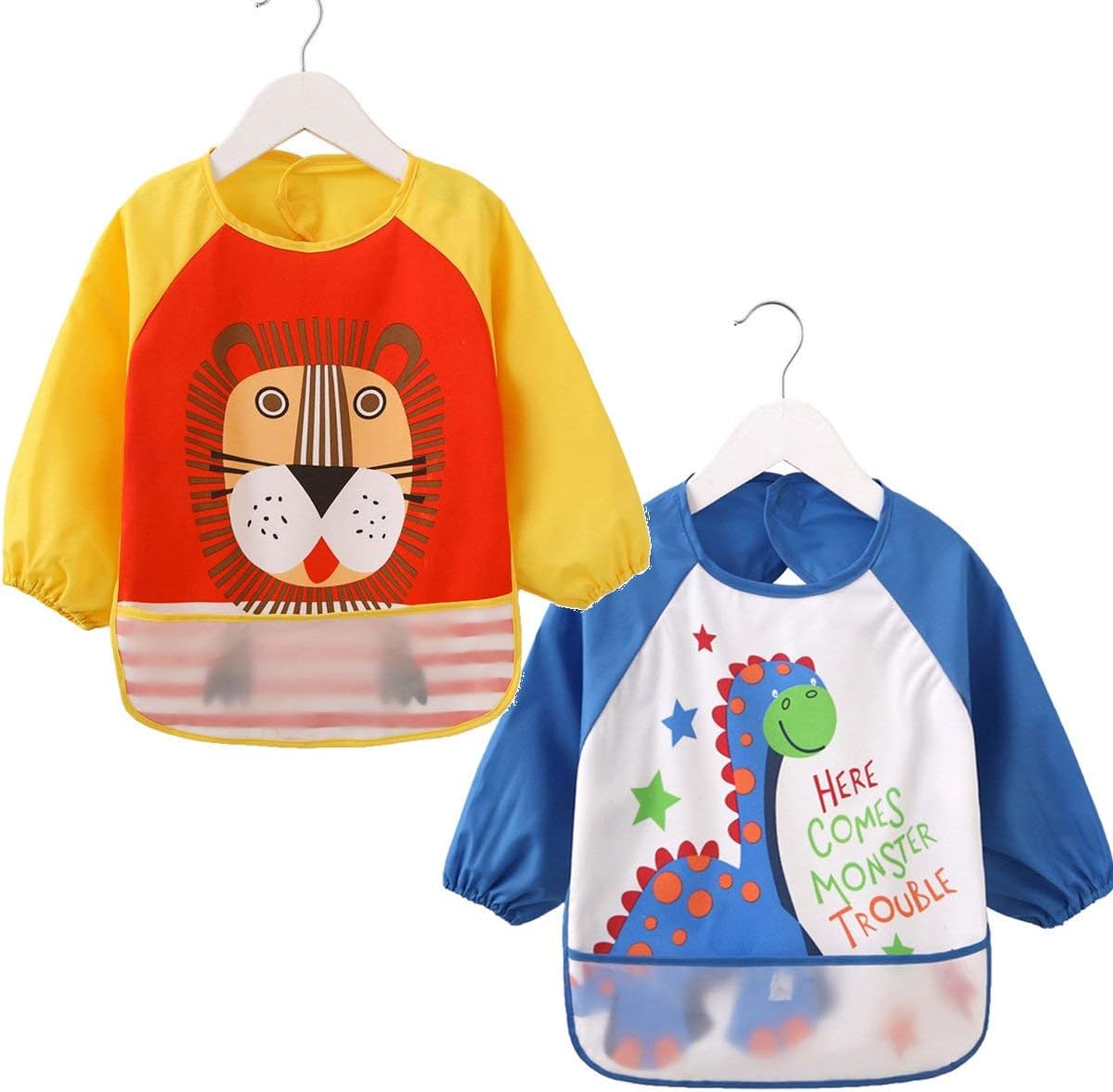 HaimoBurg 2 Pcs Long Sleeved Bib Waterproof Bibs for Babies Toddlers with Pocket 9-36 Months (2pcs C)